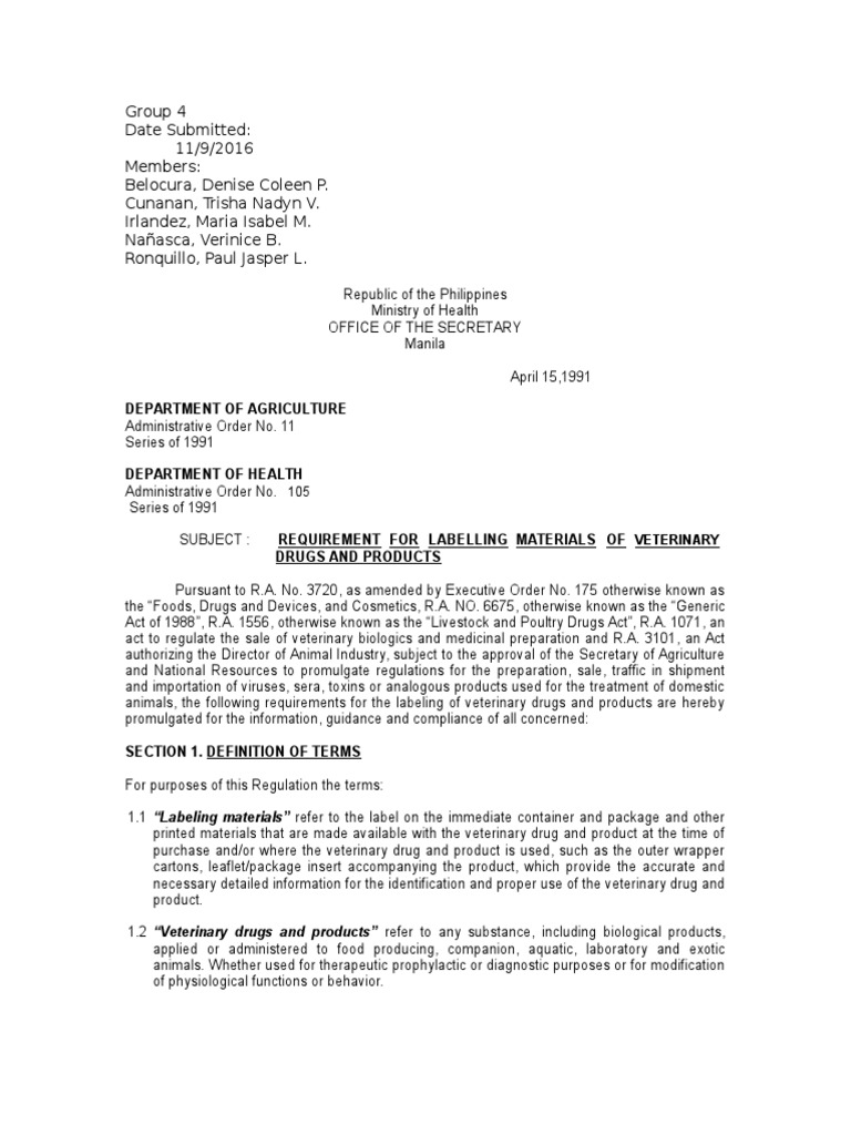 Requirements for Labelling Materials of Veterinary Drugs and Products