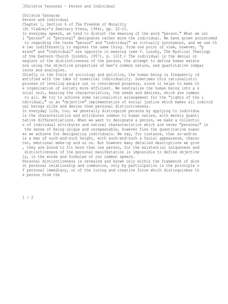 Christos Yannaras Person and Individual PDF Psychological