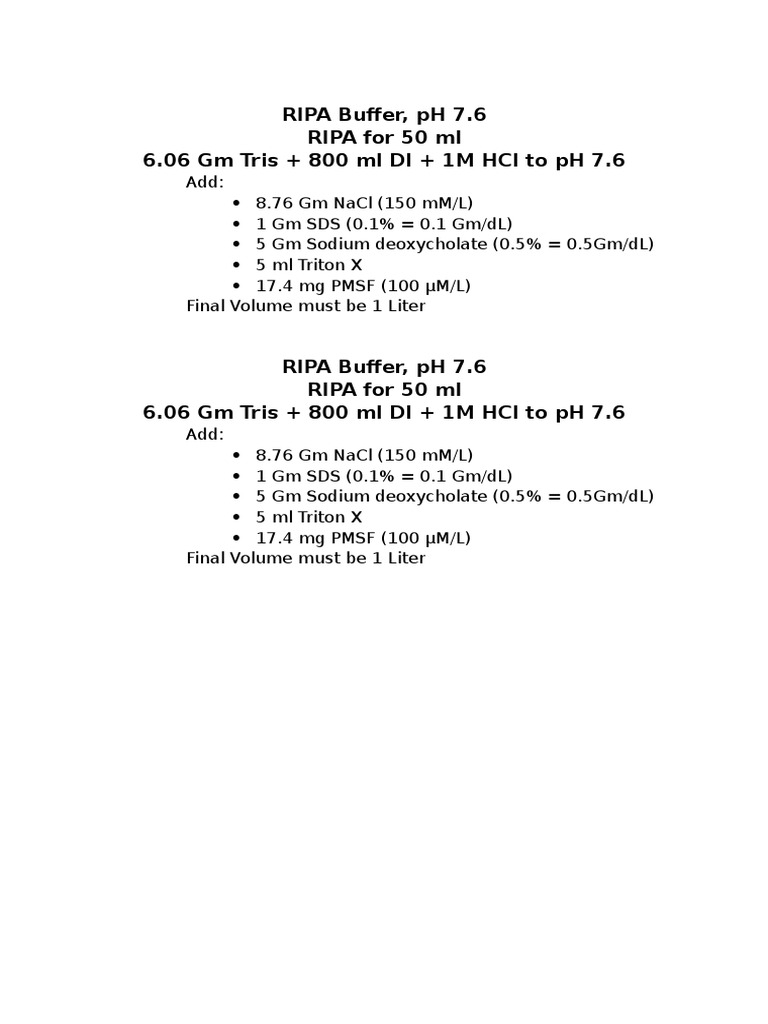 Ripa Buffer, PH 7.6 Ripa For 50 ML 6.06 GM Tris + 800 ML Di + 1M HCL To PH 7.6 PDF