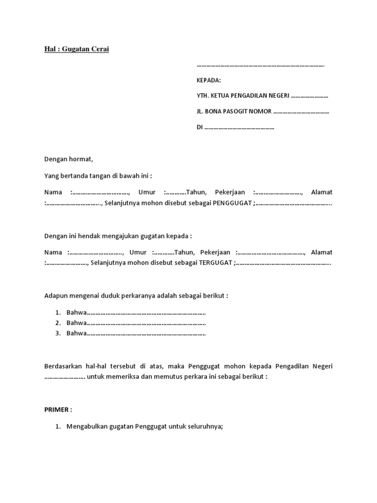 Format Surat Gugatan Cerai