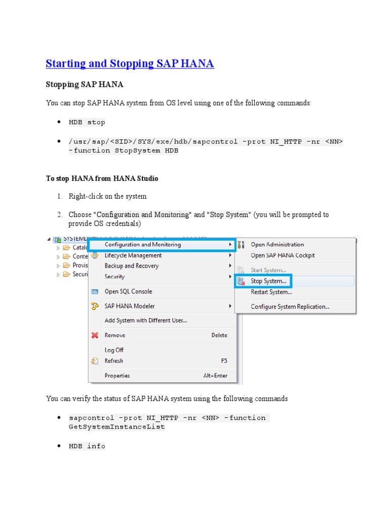 Starting and Stopping SAP HANA Commands | PDF | System Software | Computing