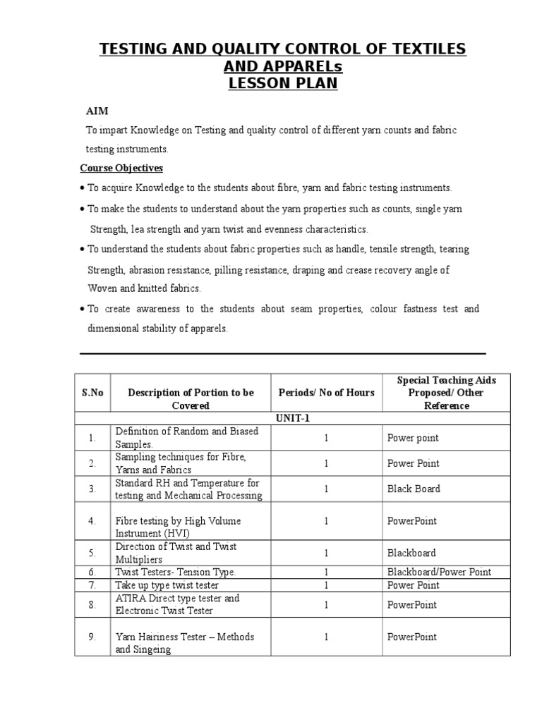 Textile Testing Lesson Plan PDF Yarn Textiles
