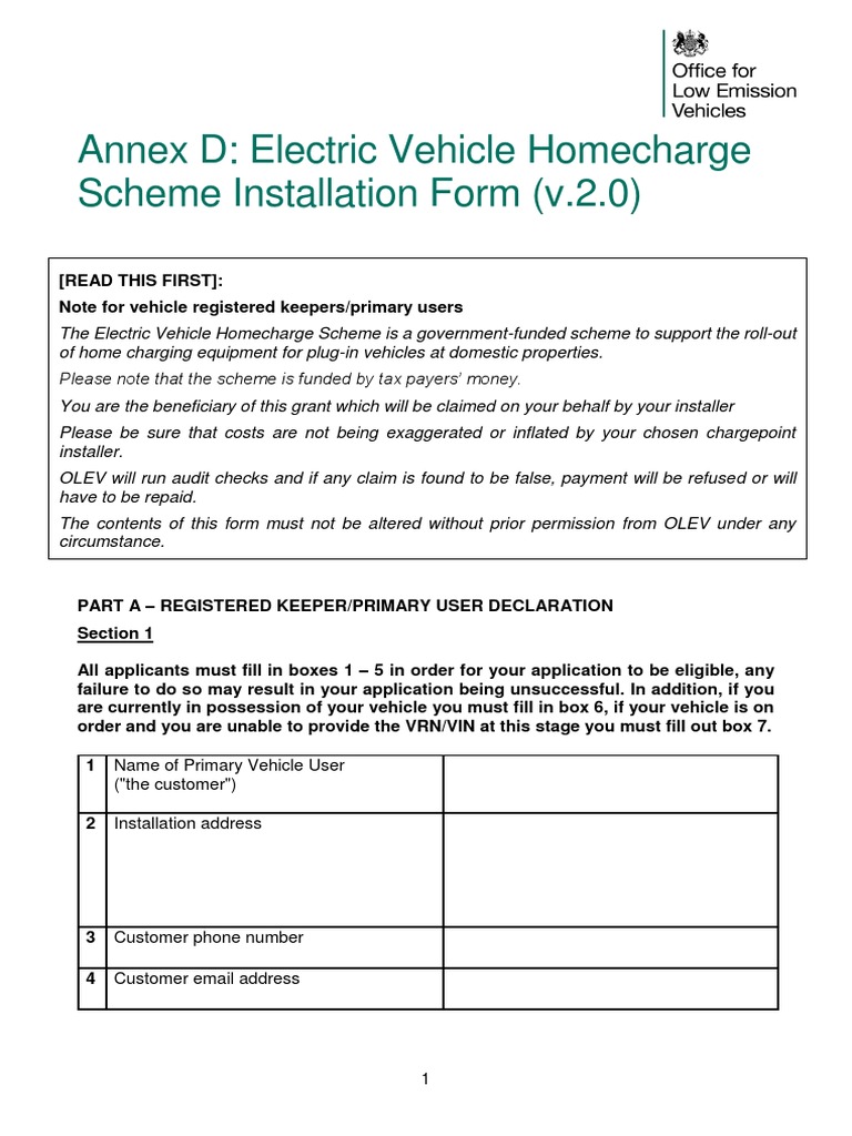 Annex D Electric Vehicle Homecharge Scheme Installation Form Vehicle