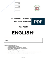 2016 Year 7 Half Yearly English Adjusted