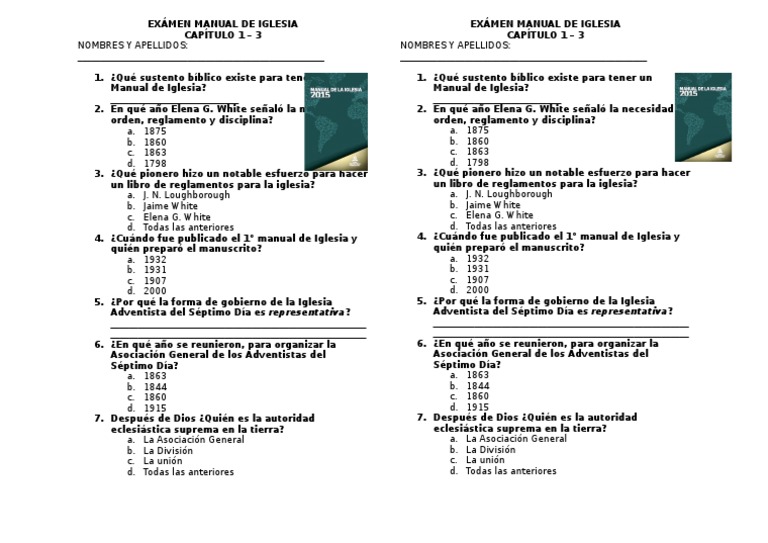 Examen MANUAL DE IGLESIA CAP 1-3 | PDF | Religión y espiritualidad
