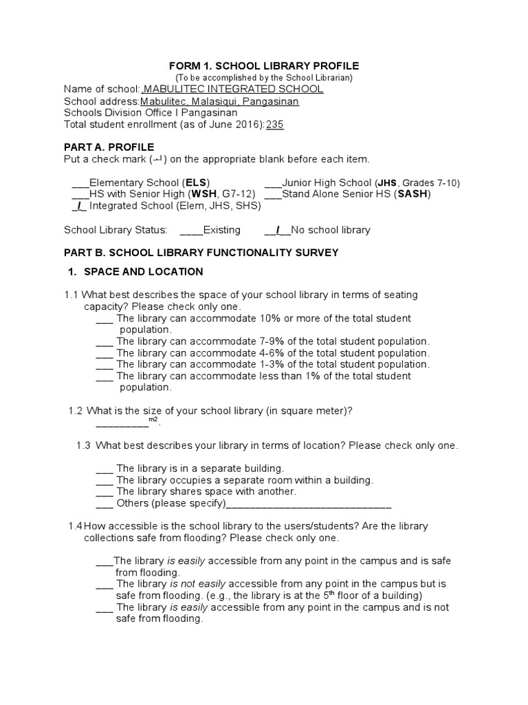 Form 1 School Library Profile | PDF | School Library | Libraries