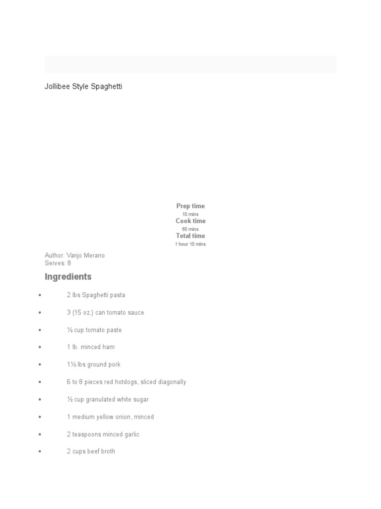 Jollibee Style Spaghetti Ingredients PDF Tomato Sauce Food And Drink