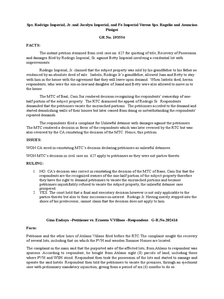 Property Law Case Digest PDF Certiorari Eviction