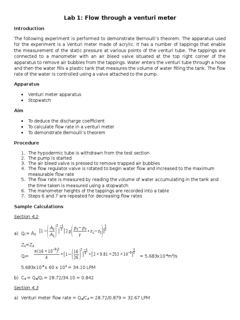 Venturi Meter Flow Rate Experiment | PDF | Fluid Mechanics | Liquids