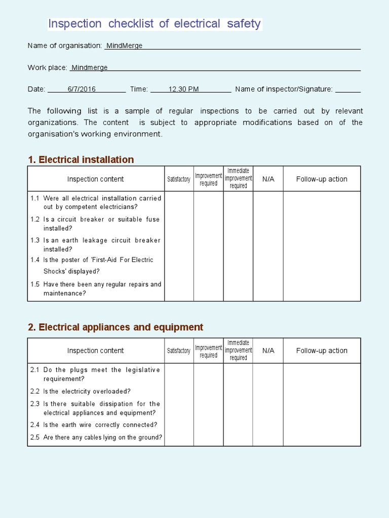 Inspection Checklist of Electrical Safety Inspection Checklist of