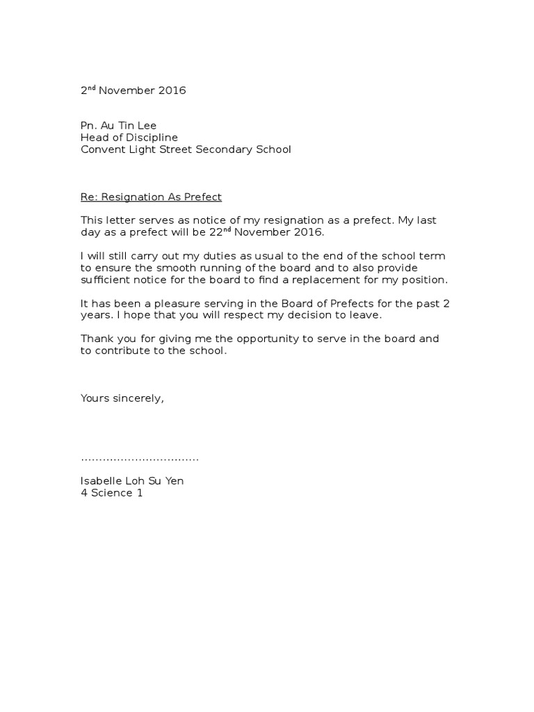Resignation as Prefect: Providing Notice and Ensuring a Smooth ...