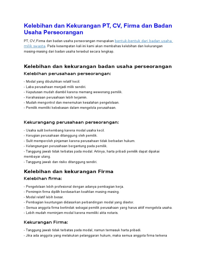 Kelebihan Dan Kekurangan Pt Cv Firma Dan Badan