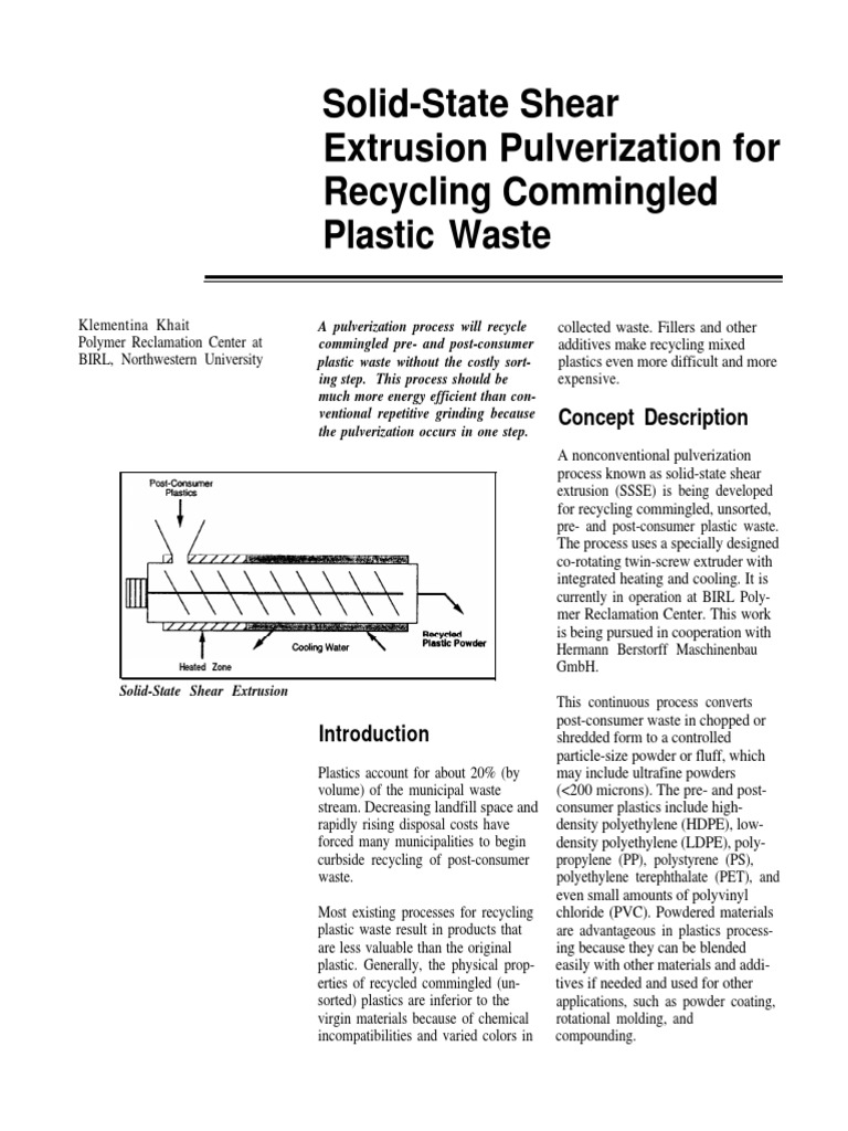 Solid State Shear Extrusion Plastic Extrusion