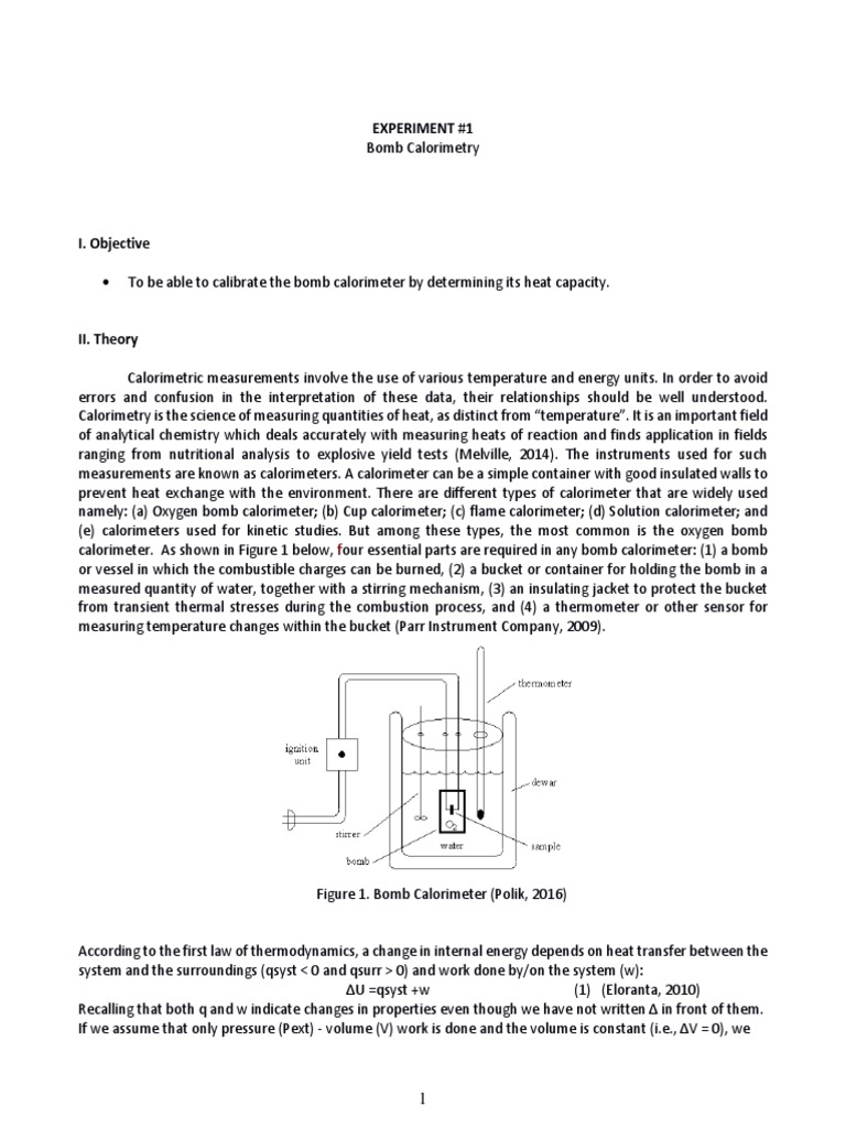 Experiment 1 Bomb Calorimetry Calorimetry Heat
