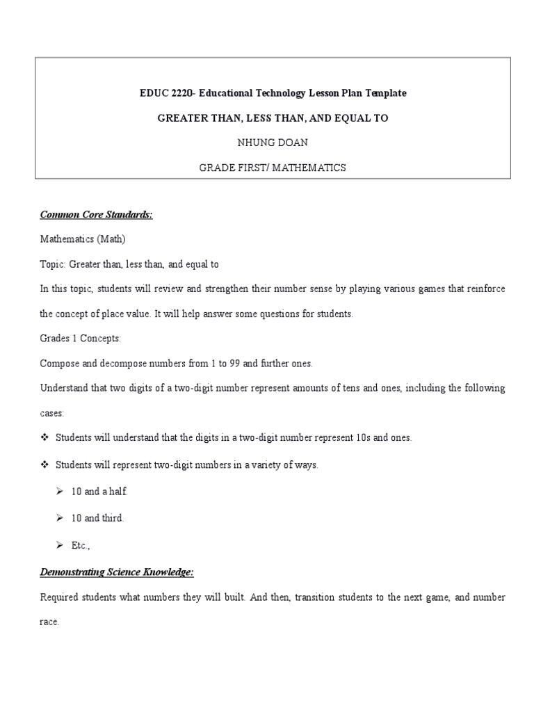 EDUC 2220-Educational Technology Lesson Plan Template Greater Than ...