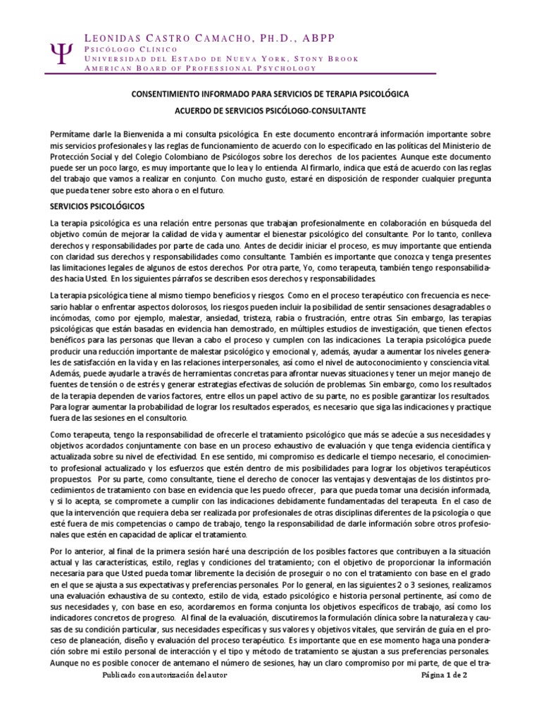 Consentimiento Informado para Servicios de Terapia Psicológica Consentimiento informado