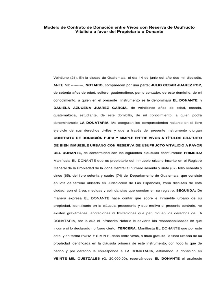 Modelo de Contrato de Donación Entre Vivos Con Reserva de Usufructo Vitalicio a Favor Del