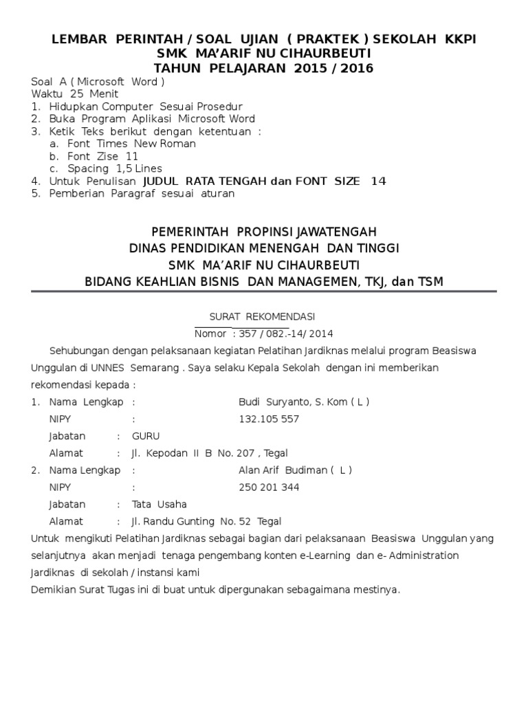 Lembar Perintah Soal Ujian Praktek Sekol