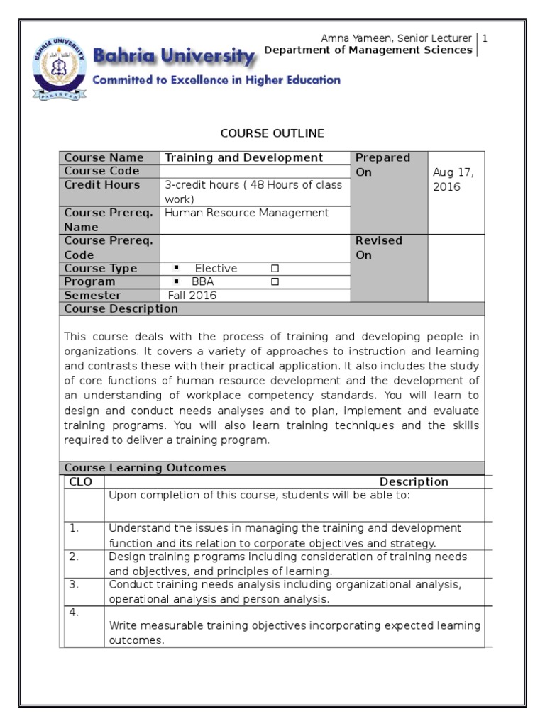 Training and Development - Outline | Teaching | Evaluation