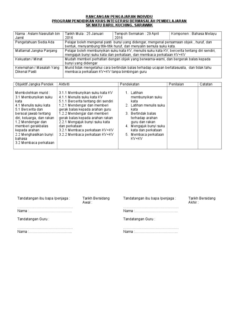 Contoh Rancangan Pengajaran Individu Pendidikan Khas Bahasa Malaysia Tahun 2 Kssr