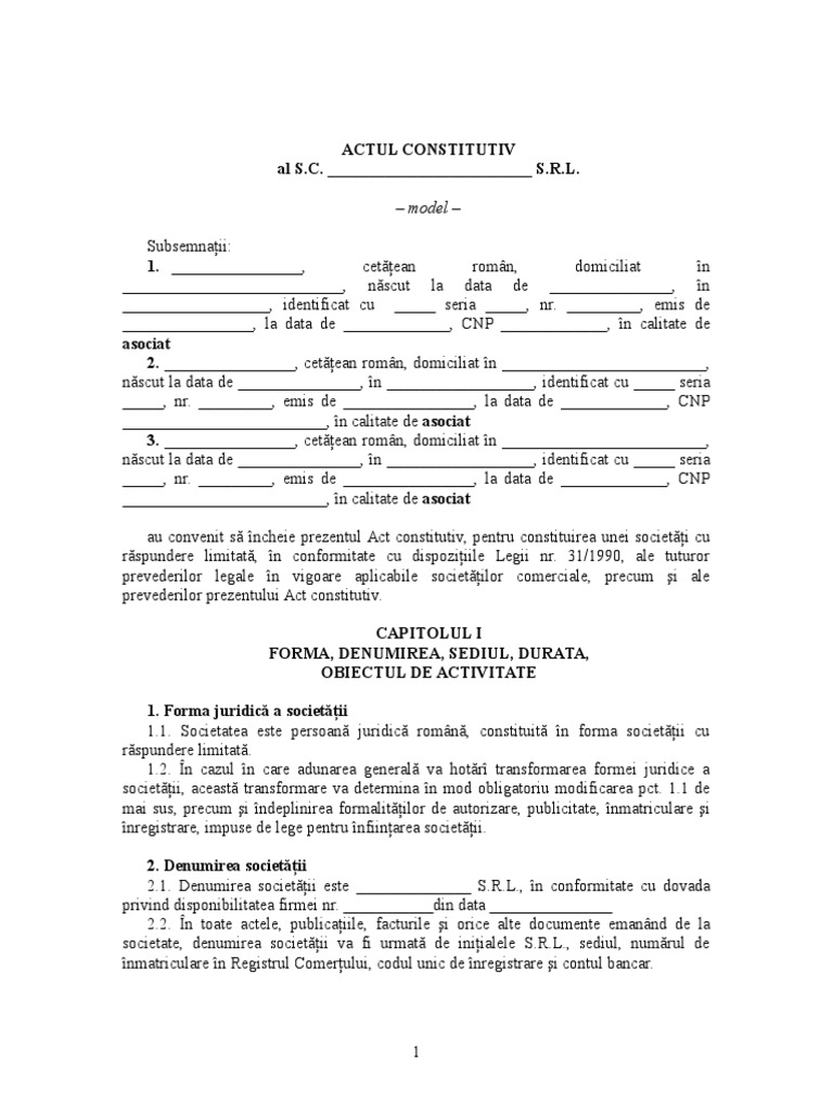 dictator puberty Sinewi Model Act Constitutiv SRL Cu Multi Asociati | PDF