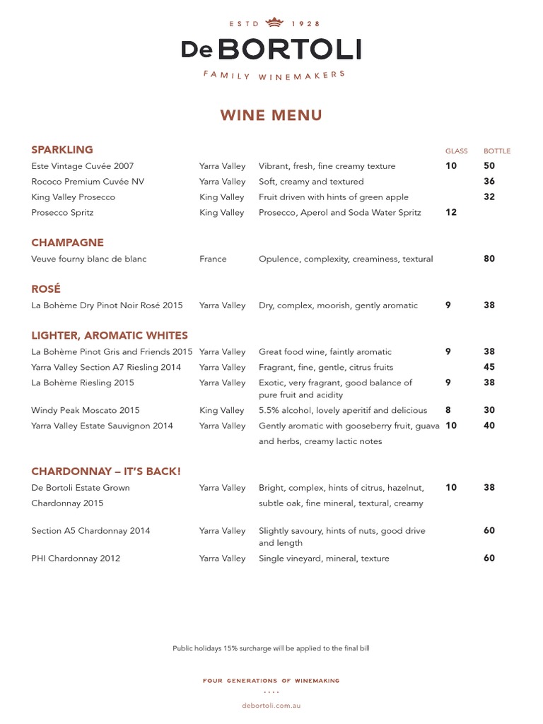 The Locale Restuarant Wine List De Bortoli Wines Grape Drink