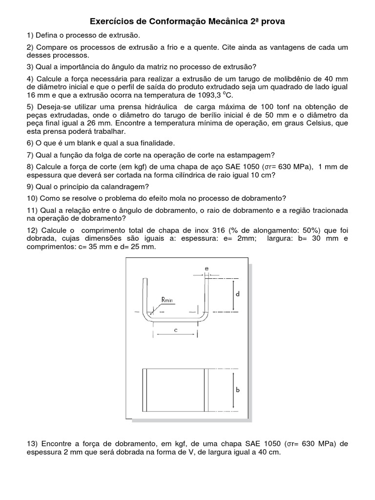 Lista de Exercícios Extrusão, Estampagem... | PDF