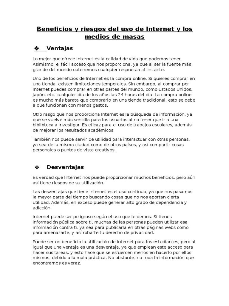 Beneficios y Riesgos Del Uso de Internet y Los Medios de Masas | PDF