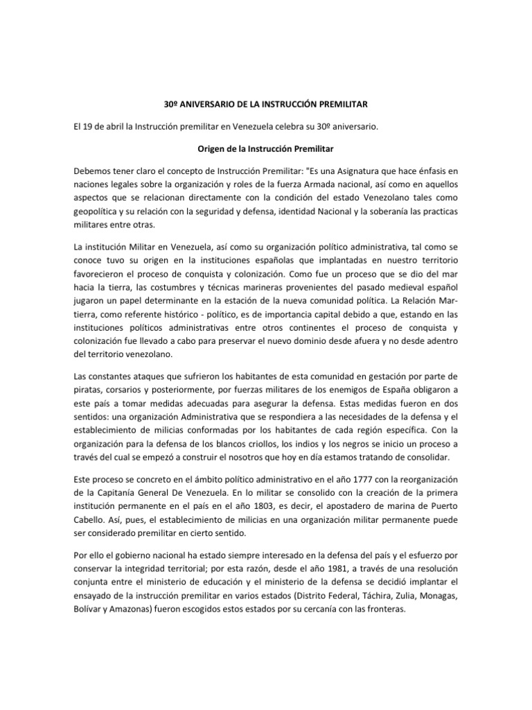30º Aniversario de La Instrucción Premilitar | PDF | Venezuela | Estado ...