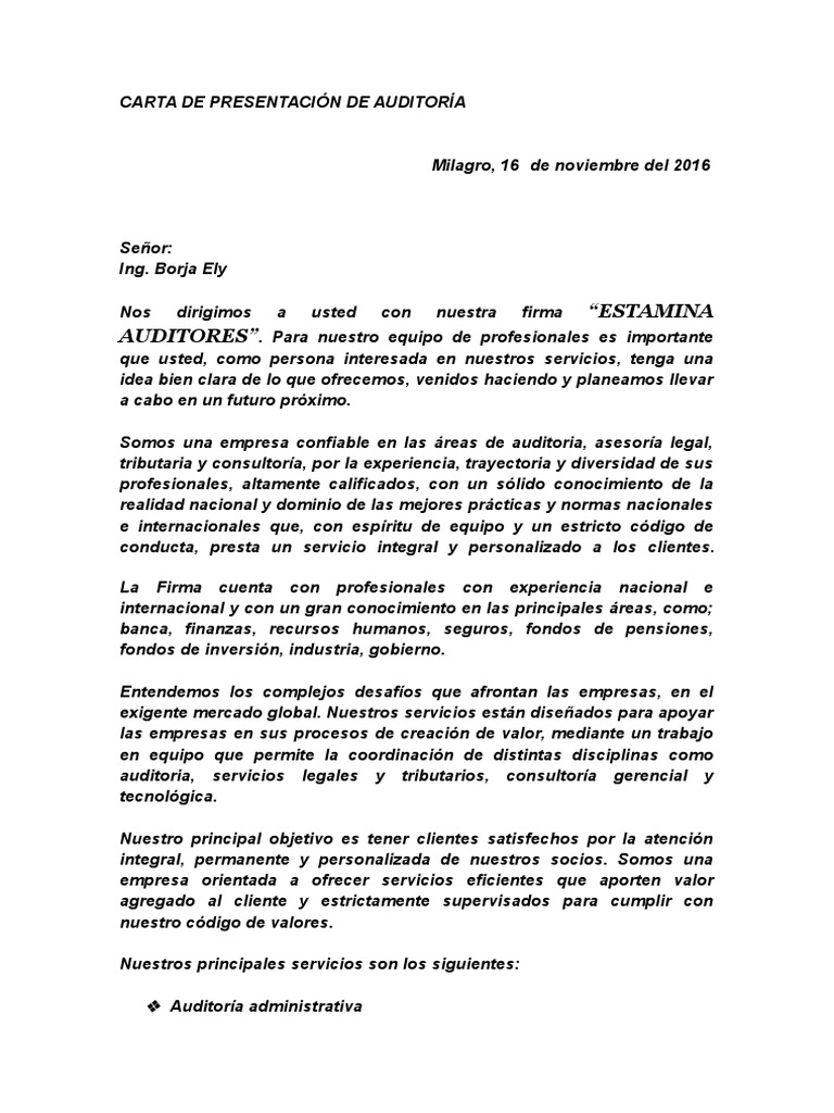 Carta de Presentación de Auditoría  normas internacionales de