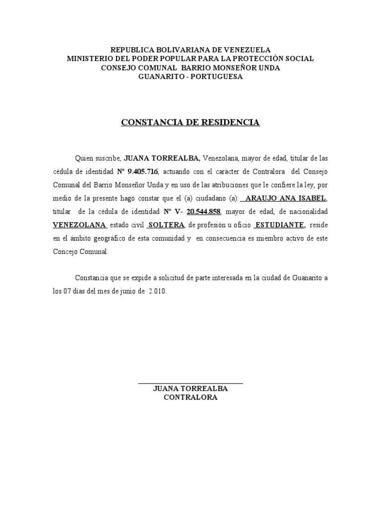 Constancia del residencia consejo comunar monseñor unda