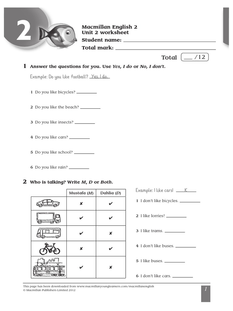 Macmillan English 2 Unit 2 Worksheet Student Name: Total Mark | PDF ...