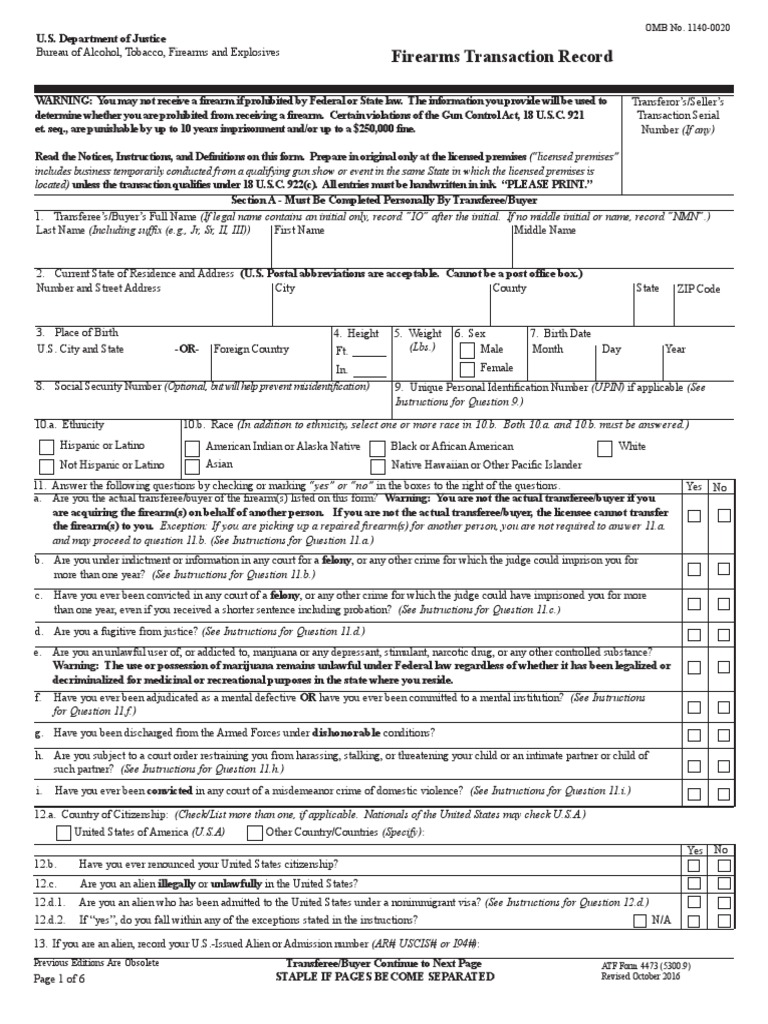 ATF Form 4473, Firearms Transaction Record Has Been Revised 2016-2017 | PDF  | National Instant Criminal Background Check System | Race And Ethnicity In  The United States Census