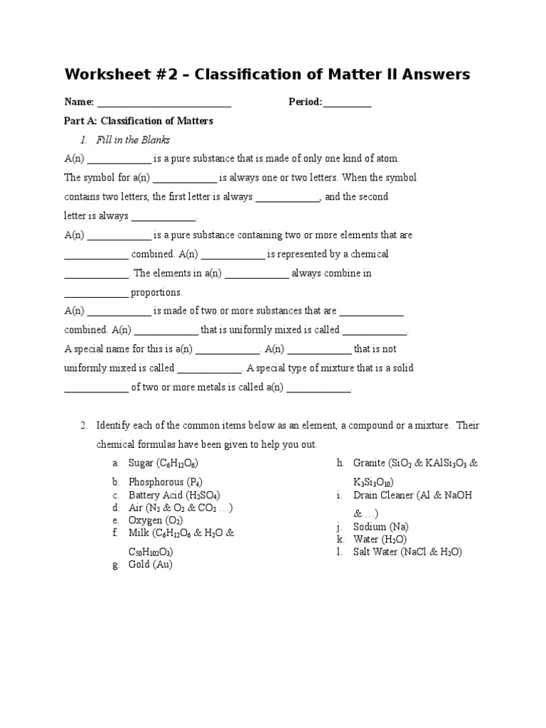 Classification Of Matters Worksheet 2 Answers Chemical Compounds Reactivity Chemistry