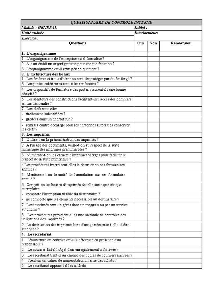 Questionnaire de Controle InternePanpa  PDF  Budget  Dépréciation