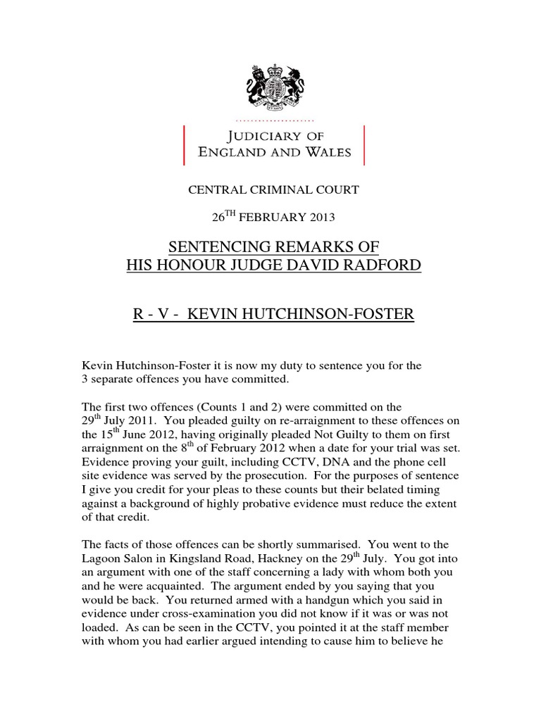 R V Kevin Hutchinson Foster Sentencing Remarks 1 | PDF | Mandatory ...