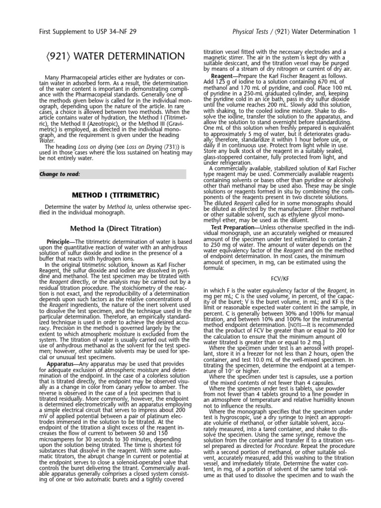 USP 921: Water Determination Methods | PDF | Titration | Chemistry