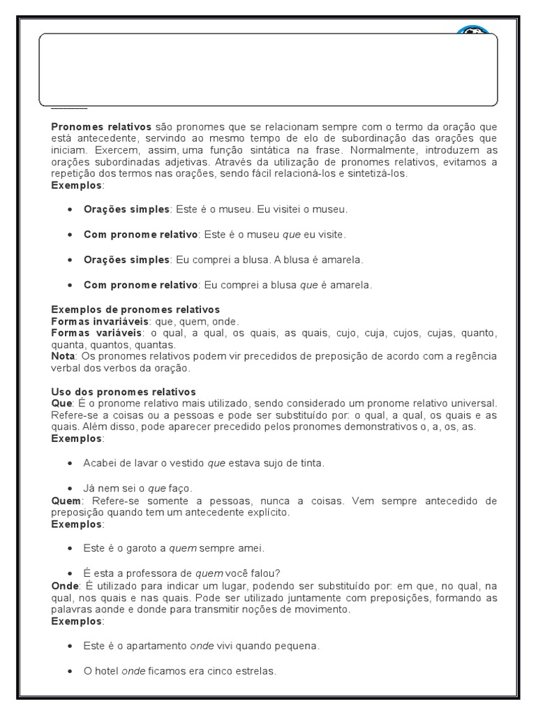 Exercícios Sobre Pronome Relativo 8o Ano Com Gabarito
