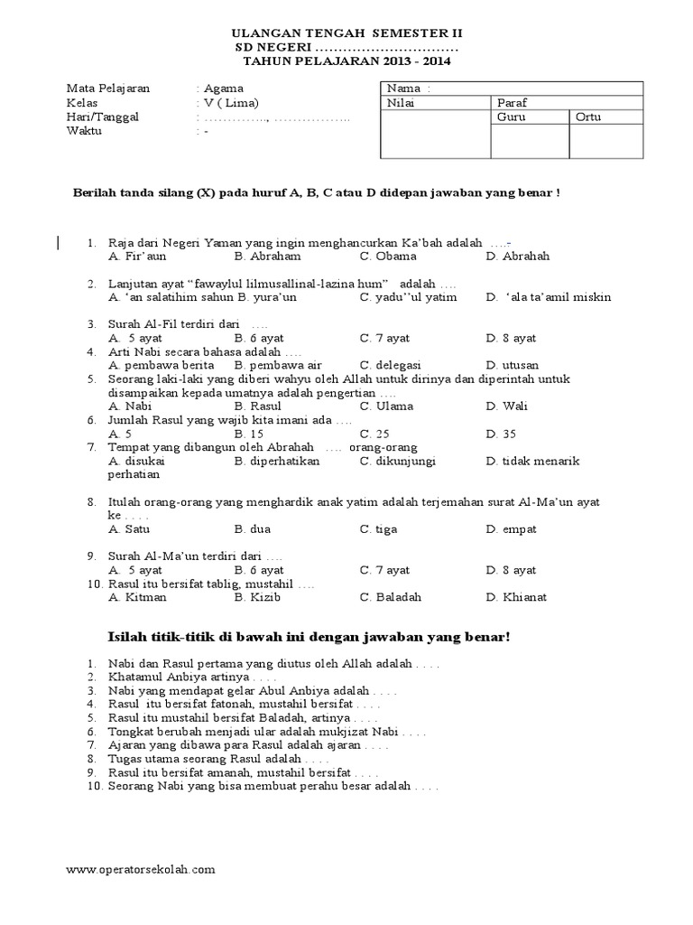 Contoh Soal Agama Kelas V Semester Ii