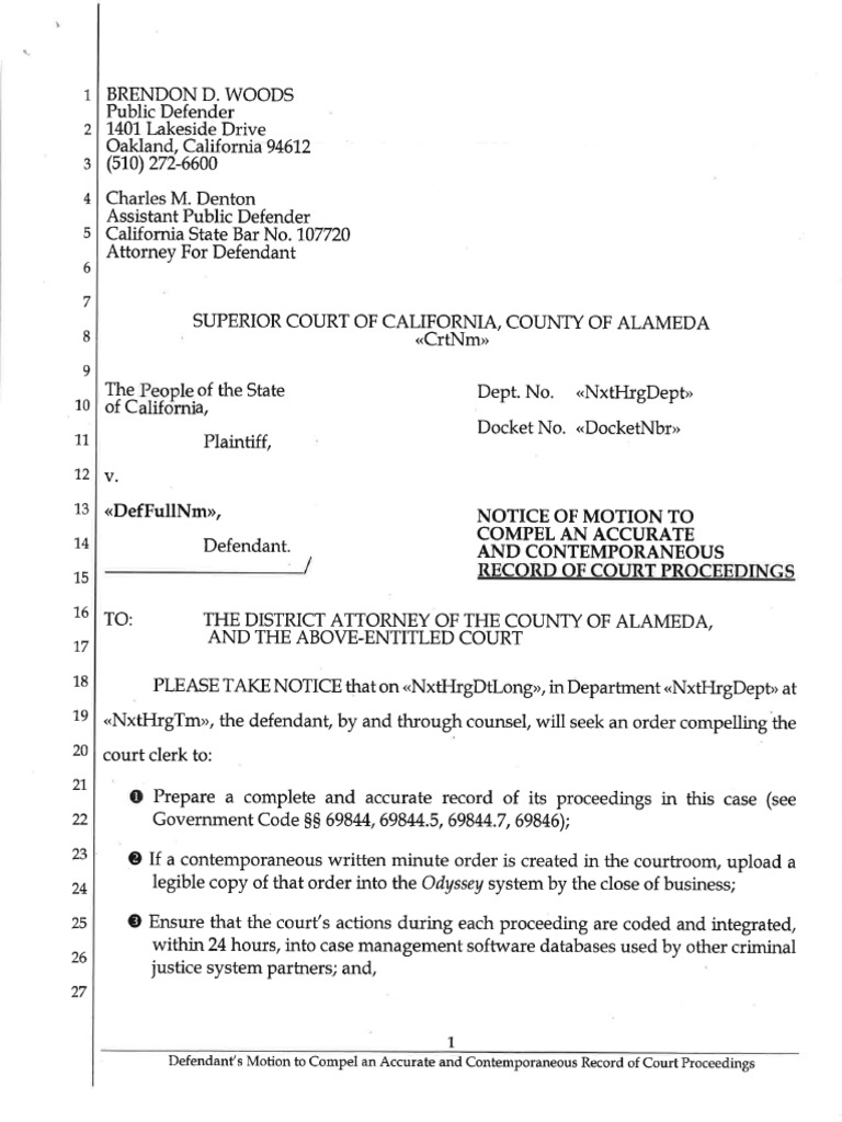Alameda Public Defender Motion to Compel an Accurate Record of Proceedings