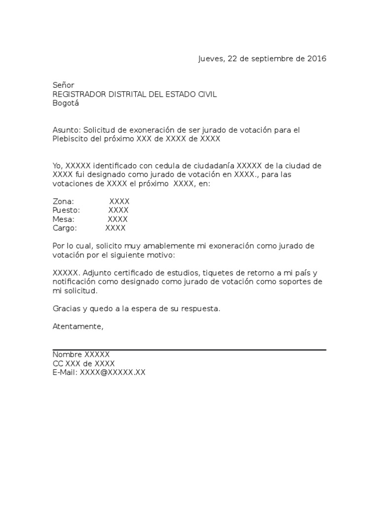 Modelo de Solicitud de Exoneración de Jurado de Votación PDF