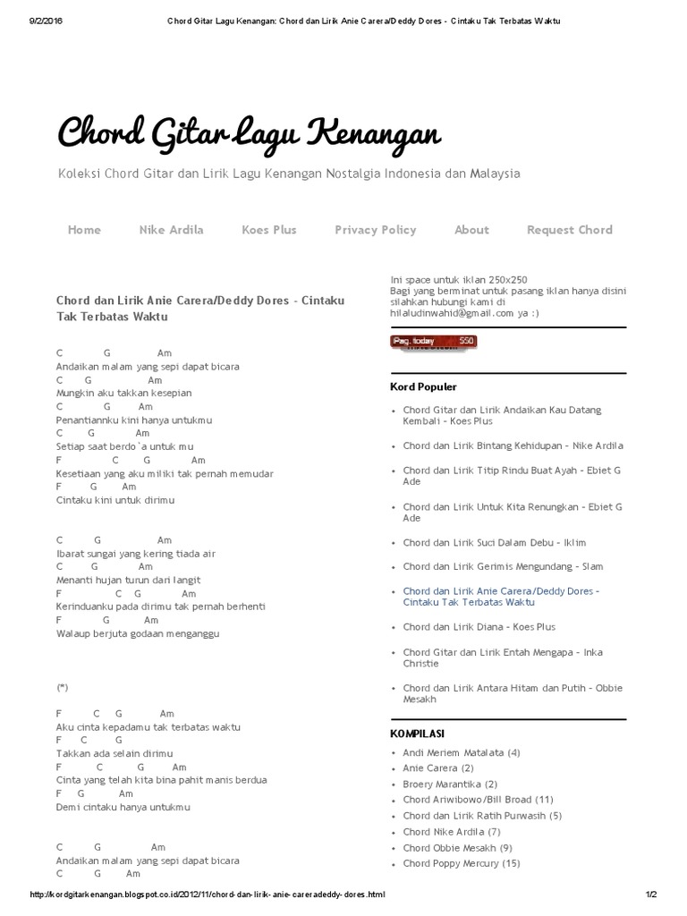 Chord Gitar Lagu Kenangan - Chord Dan Lirik Anie Carera - Deddy Dores ...