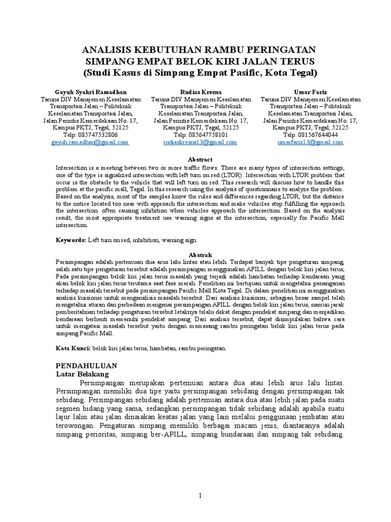 ANALISA KEPERLUAN RAMBU PERINGATAN DI SIMPANG EMPAT BELOK KIRI JALAN