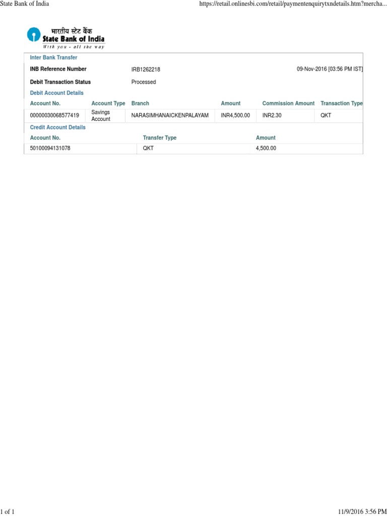 INB Reference Number Debit Transaction Status: IRB1262218 09-Nov-2016 ...