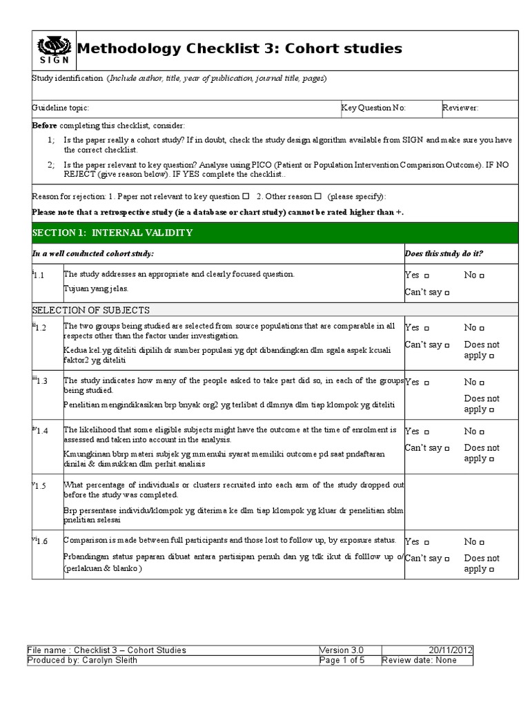 20121210 Checklist for Cohort Studies (1) Confounding Cohort Study