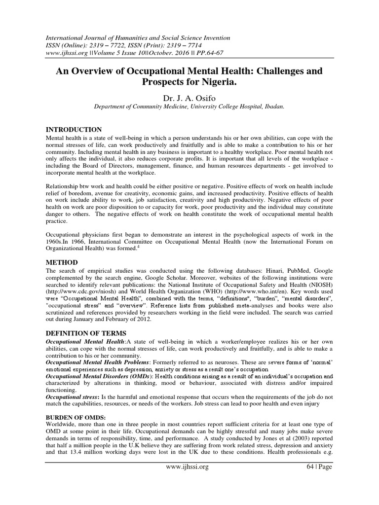 Occupational Mental Health in Nigeria | PDF | Occupational Stress ...