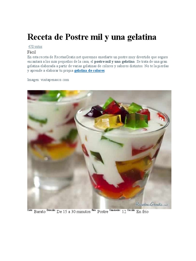 Receta de Postre Mil y Una Gelatina | PDF | Postres | Té