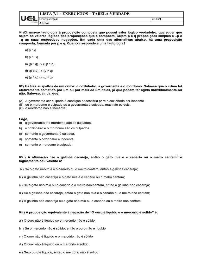 Exercício - Tabela Verdade | Verdade | Lógica