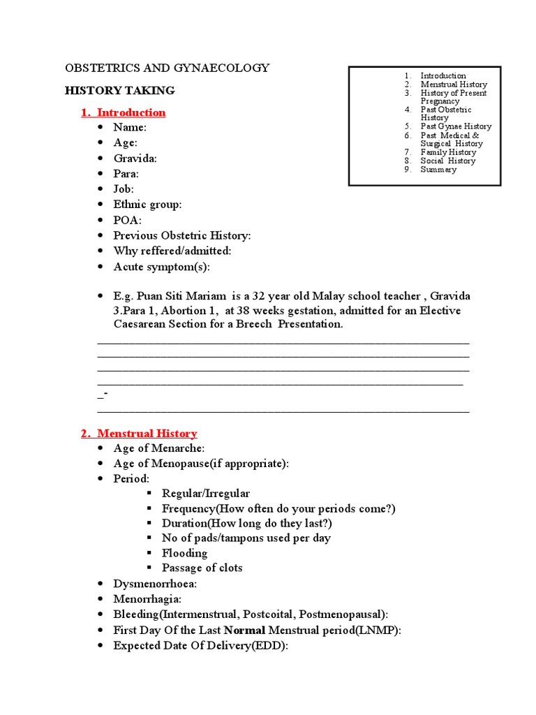 Obstetrics and Gynaecology History Format | PDF | Obstetrics | Pregnancy