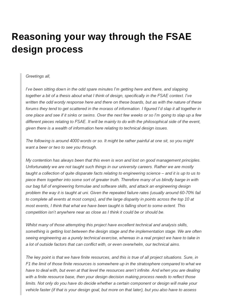 FSAE Design Process Insights | PDF | Competition | Fuel Economy In ...